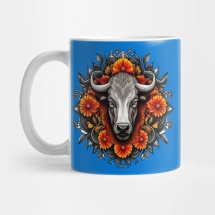 Buffalo Surrounded By A Wreath Of Orange Flowers Tattoo Art Mug